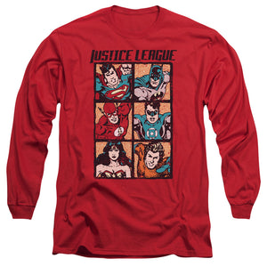AN OFFCIALLY LICENSED JLA ROUGH PANELS MEN'S LONG SLEEVE T-SHIRT RED