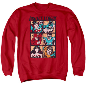 AN OFFCIALLY LICENSED JLA ROUGH PANELS ADULT UNISEX CREWNECK SWEATSHIRT RED