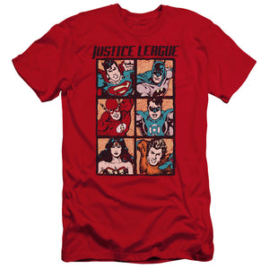 AN OFFCIALLY LICENSED JLA ROUGH PANELS MEN'S PREMIUM SLIM FIT T-SHIRT RED