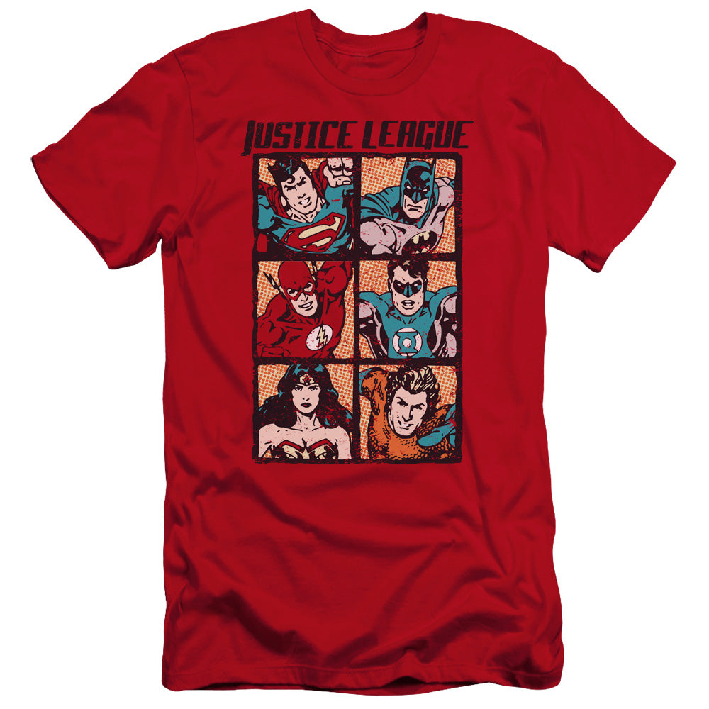 AN OFFCIALLY LICENSED JLA ROUGH PANELS MEN'S PREMIUM SLIM FIT T-SHIRT RED