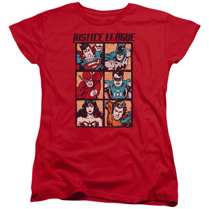 AN OFFCIALLY LICENSED JLA ROUGH PANELS WOMEN'S REGULAR FIT T-SHIRT RED