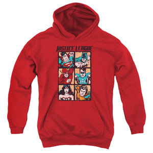 AN OFFCIALLY LICENSED JLA ROUGH PANELS YOUTH HOODIE RED