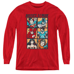 AN OFFCIALLY LICENSED JLA ROUGH PANELS YOUTH LONG SLEEVE T-SHIRT RED