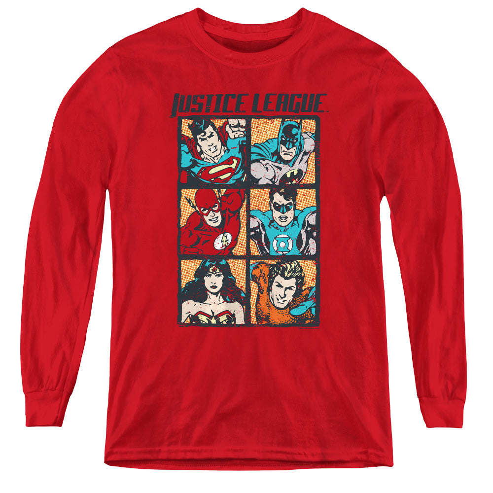 AN OFFCIALLY LICENSED JLA ROUGH PANELS YOUTH LONG SLEEVE T-SHIRT RED