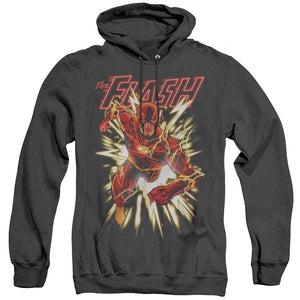 AN OFFCIALLY LICENSED JLA FLASH GLOW ADULT UNISEX HEATHER PULLOVER HOODIE BLACK