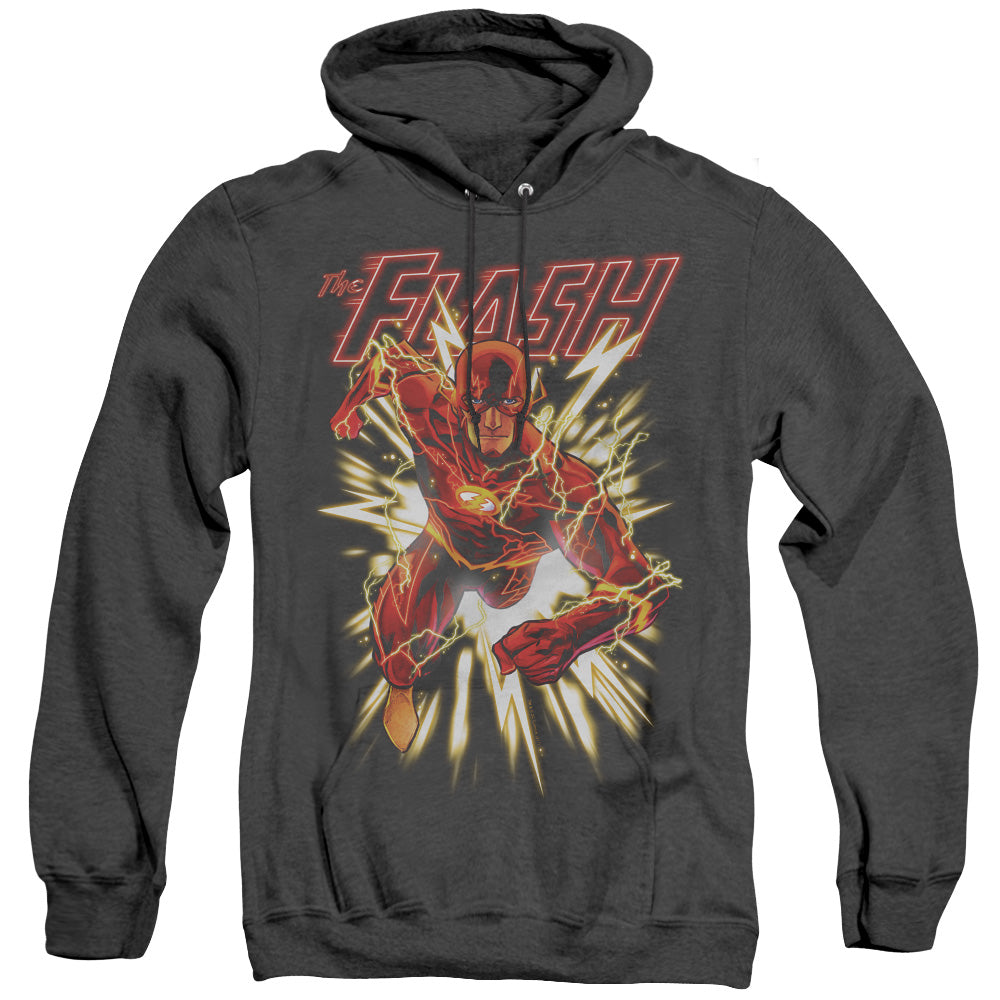 AN OFFCIALLY LICENSED JLA FLASH GLOW ADULT UNISEX HEATHER PULLOVER HOODIE BLACK