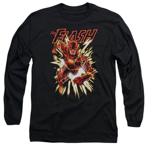 AN OFFCIALLY LICENSED JLA FLASH GLOW MEN'S LONG SLEEVE T-SHIRT BLACK
