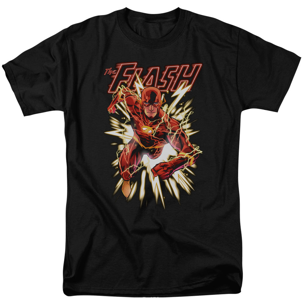 AN OFFCIALLY LICENSED JLA FLASH GLOW MEN'S REGULAR FIT T-SHIRT BLACK