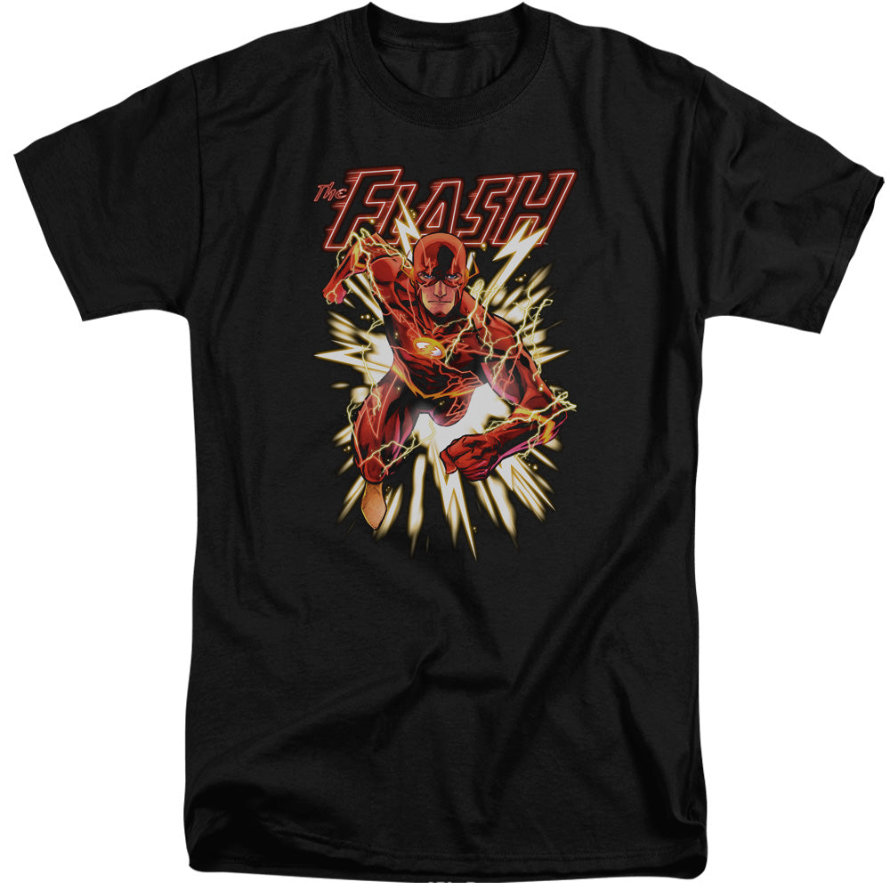 AN OFFCIALLY LICENSED JLA FLASH GLOW MEN'S TALL FIT T-SHIRT BLACK