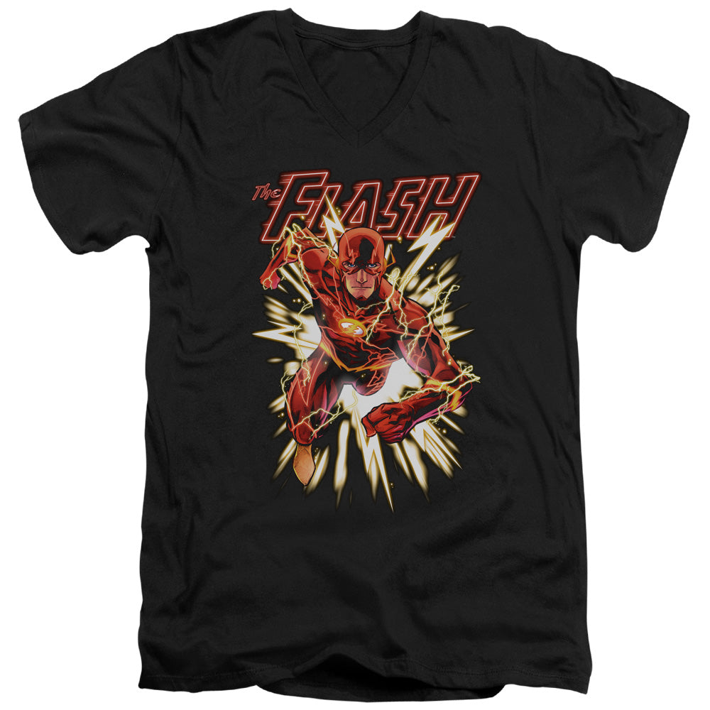 AN OFFCIALLY LICENSED JLA FLASH GLOW MEN'S V-NECK T-SHIRT BLACK