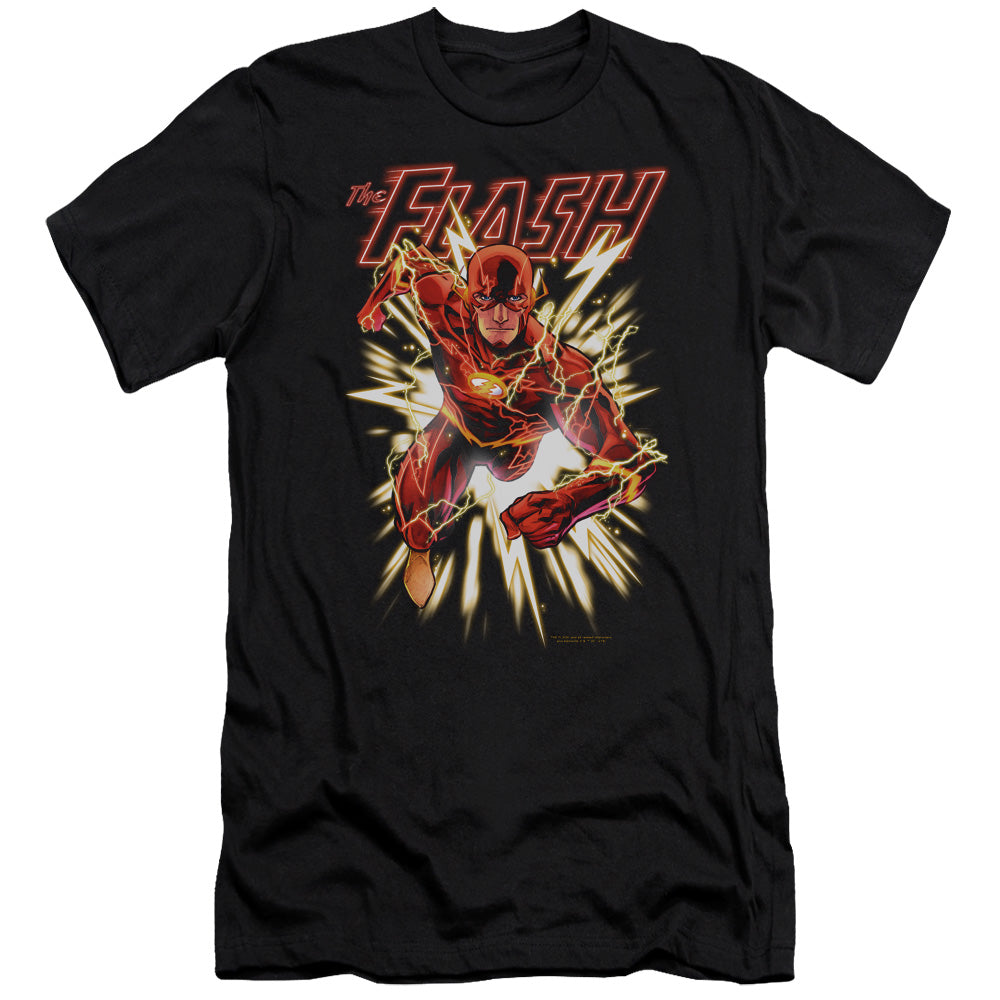AN OFFCIALLY LICENSED JLA FLASH GLOW MEN'S PREMIUM SLIM FIT T-SHIRT BLACK