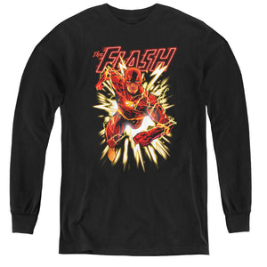 AN OFFCIALLY LICENSED JLA FLASH GLOW YOUTH LONG SLEEVE T-SHIRT BLACK