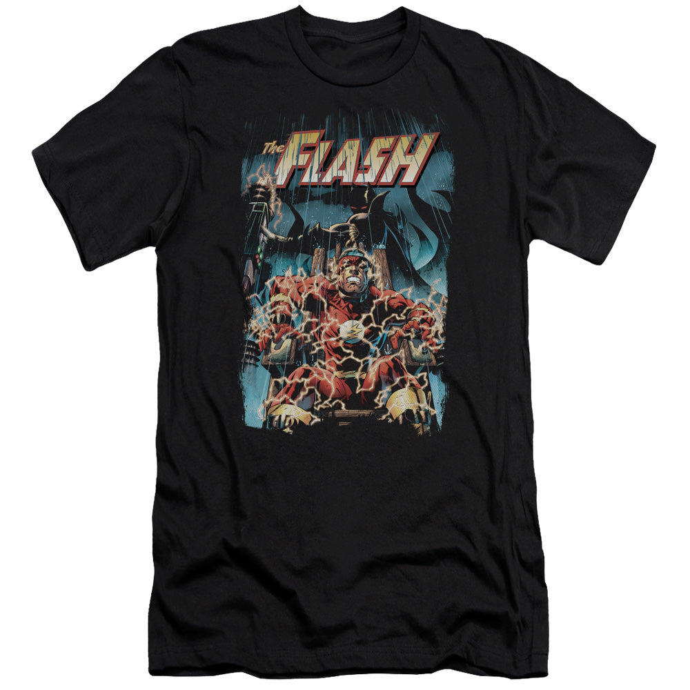AN OFFCIALLY LICENSED JLA ELECTRIC CHAIR MEN'S PREMIUM SLIM FIT T-SHIRT BLACK