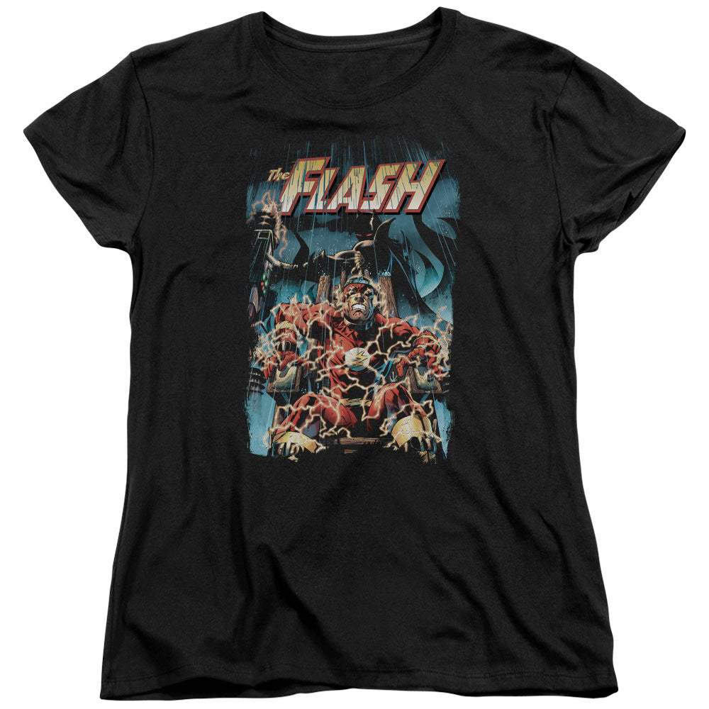 AN OFFCIALLY LICENSED JLA ELECTRIC CHAIR WOMEN'S REGULAR FIT T-SHIRT BLACK