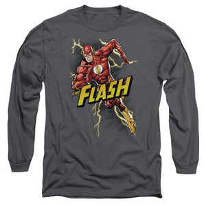 AN OFFCIALLY LICENSED JLA BOLT RUN MEN'S LONG SLEEVE T-SHIRT CHARCOAL