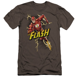 AN OFFCIALLY LICENSED JLA BOLT RUN MEN'S PREMIUM SLIM FIT T-SHIRT CHARCOAL
