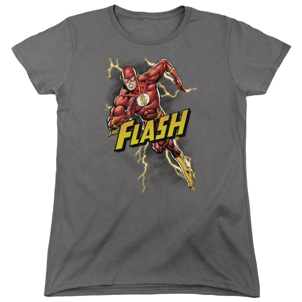 AN OFFCIALLY LICENSED JLA BOLT RUN WOMEN'S REGULAR FIT T-SHIRT CHARCOAL