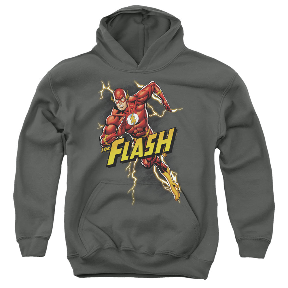AN OFFCIALLY LICENSED JLA BOLT RUN YOUTH HOODIE CHARCOAL