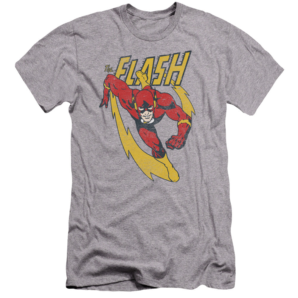 AN OFFCIALLY LICENSED JLA LIGHTNING TRAIL MEN'S PREMIUM SLIM FIT T-SHIRT ATHLETIC HEATHER