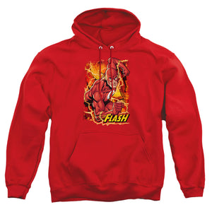 AN OFFCIALLY LICENSED JLA FLASH LIGHTNING ADULT UNISEX PULLOVER HOODIE RED
