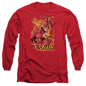 AN OFFCIALLY LICENSED JLA FLASH LIGHTNING MEN'S LONG SLEEVE T-SHIRT RED