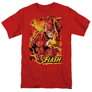 AN OFFCIALLY LICENSED JLA FLASH LIGHTNING MEN'S REGULAR FIT T-SHIRT RED