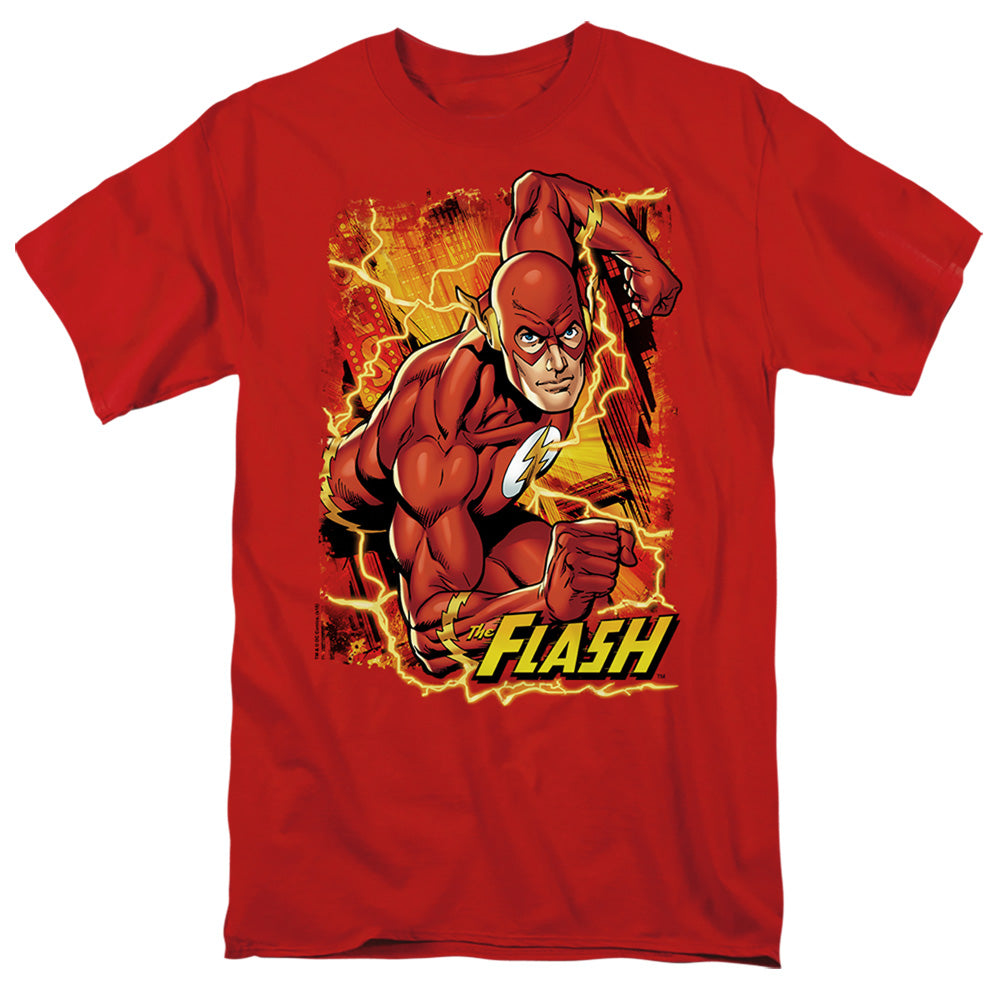 AN OFFCIALLY LICENSED JLA FLASH LIGHTNING MEN'S REGULAR FIT T-SHIRT RED