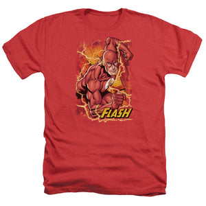 AN OFFCIALLY LICENSED JLA FLASH LIGHTNING MEN'S HEATHER T-SHIRT RED
