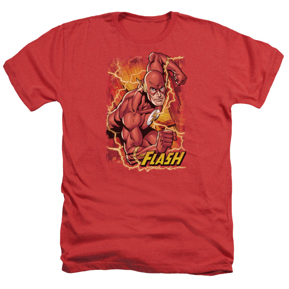 AN OFFCIALLY LICENSED JLA FLASH LIGHTNING MEN'S HEATHER T-SHIRT RED