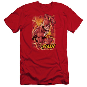 AN OFFCIALLY LICENSED JLA FLASH LIGHTNING MEN'S PREMIUM SLIM FIT T-SHIRT RED