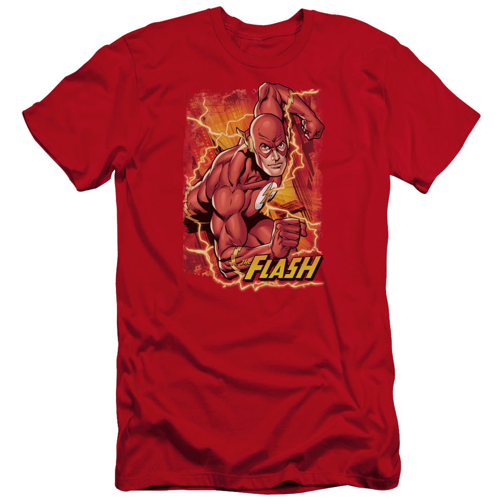 AN OFFCIALLY LICENSED JLA FLASH LIGHTNING MEN'S PREMIUM SLIM FIT T-SHIRT RED