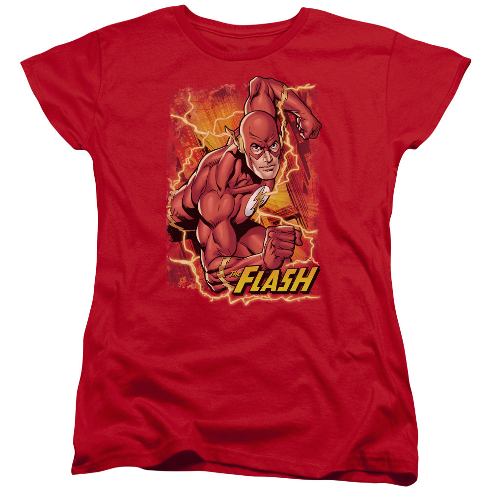 AN OFFCIALLY LICENSED JLA FLASH LIGHTNING WOMEN'S REGULAR FIT T-SHIRT RED