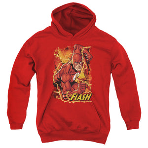AN OFFCIALLY LICENSED JLA FLASH LIGHTNING YOUTH HOODIE RED
