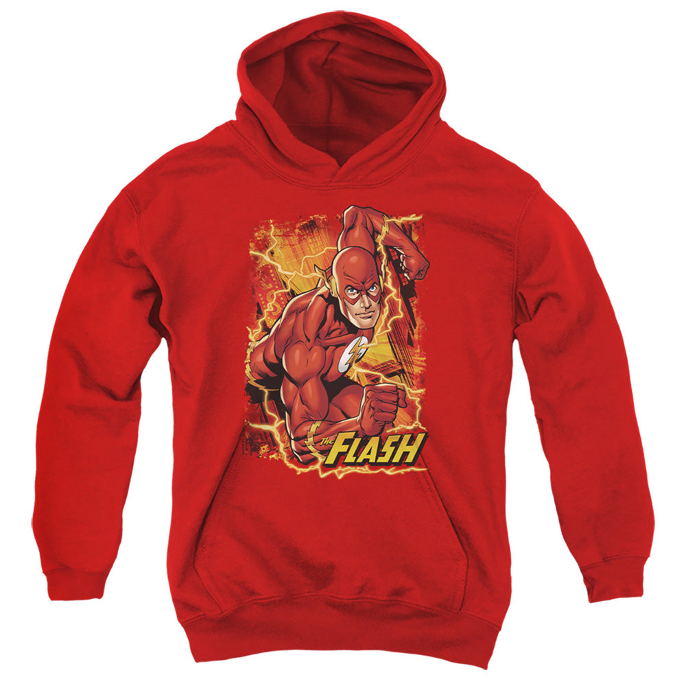 AN OFFCIALLY LICENSED JLA FLASH LIGHTNING YOUTH HOODIE RED
