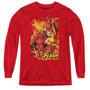 AN OFFCIALLY LICENSED JLA FLASH LIGHTNING YOUTH LONG SLEEVE T-SHIRT RED