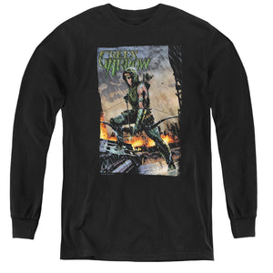 AN OFFCIALLY LICENSED JLA FIRE AND RAIN YOUTH LONG SLEEVE T-SHIRT BLACK