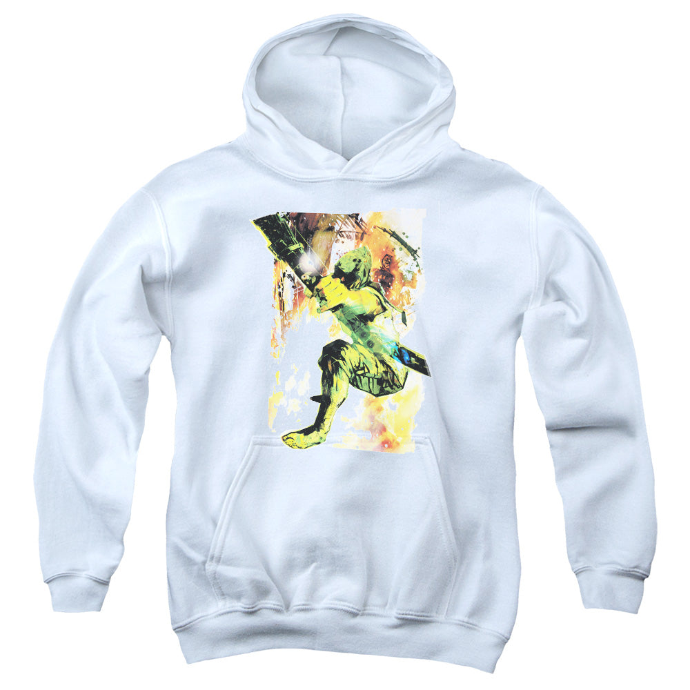 AN OFFCIALLY LICENSED JLA PAINTED ARCHER YOUTH HOODIE WHITE