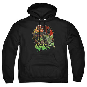 AN OFFCIALLY LICENSED JLA SUNSET ARCHER ADULT UNISEX PULLOVER HOODIE BLACK