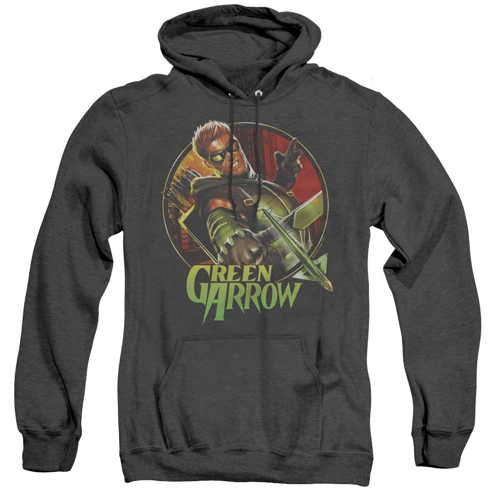 AN OFFCIALLY LICENSED JLA SUNSET ARCHER ADULT UNISEX HEATHER PULLOVER HOODIE BLACK