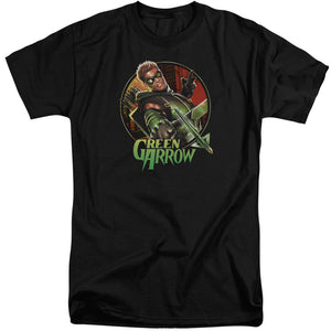 AN OFFCIALLY LICENSED JLA SUNSET ARCHER MEN'S TALL FIT T-SHIRT BLACK