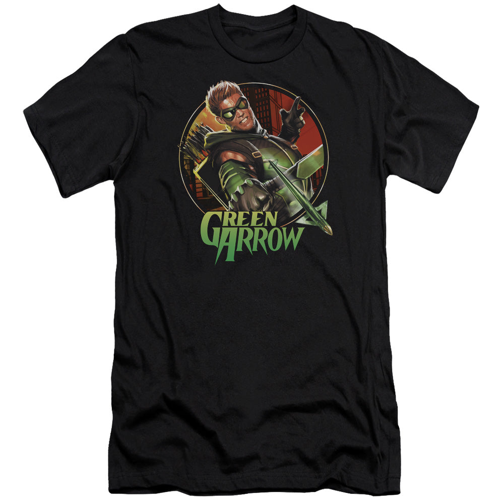AN OFFCIALLY LICENSED JLA SUNSET ARCHER MEN'S PREMIUM SLIM FIT T-SHIRT BLACK
