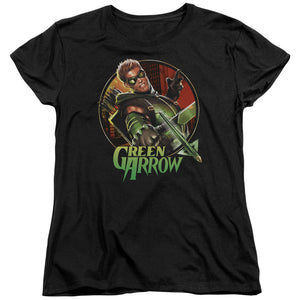 AN OFFCIALLY LICENSED JLA SUNSET ARCHER WOMEN'S REGULAR FIT T-SHIRT BLACK