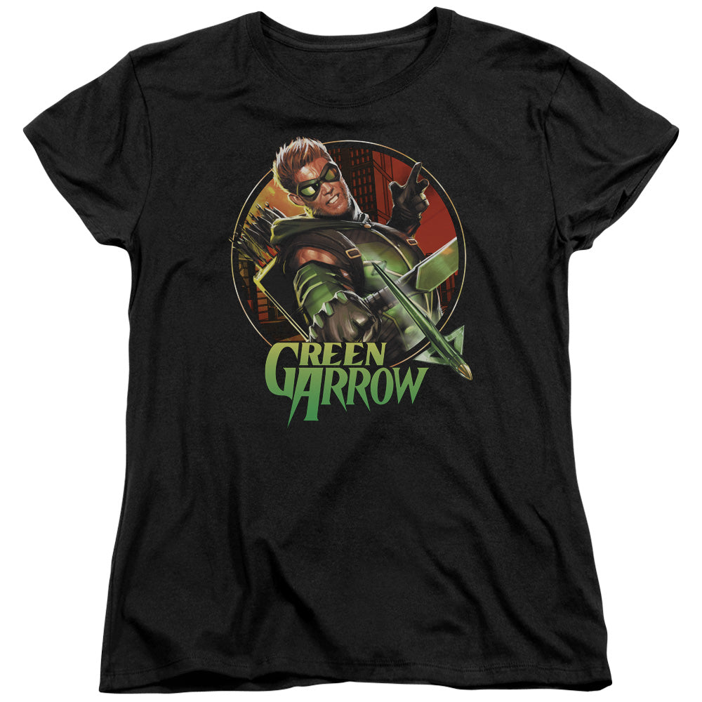 AN OFFCIALLY LICENSED JLA SUNSET ARCHER WOMEN'S REGULAR FIT T-SHIRT BLACK