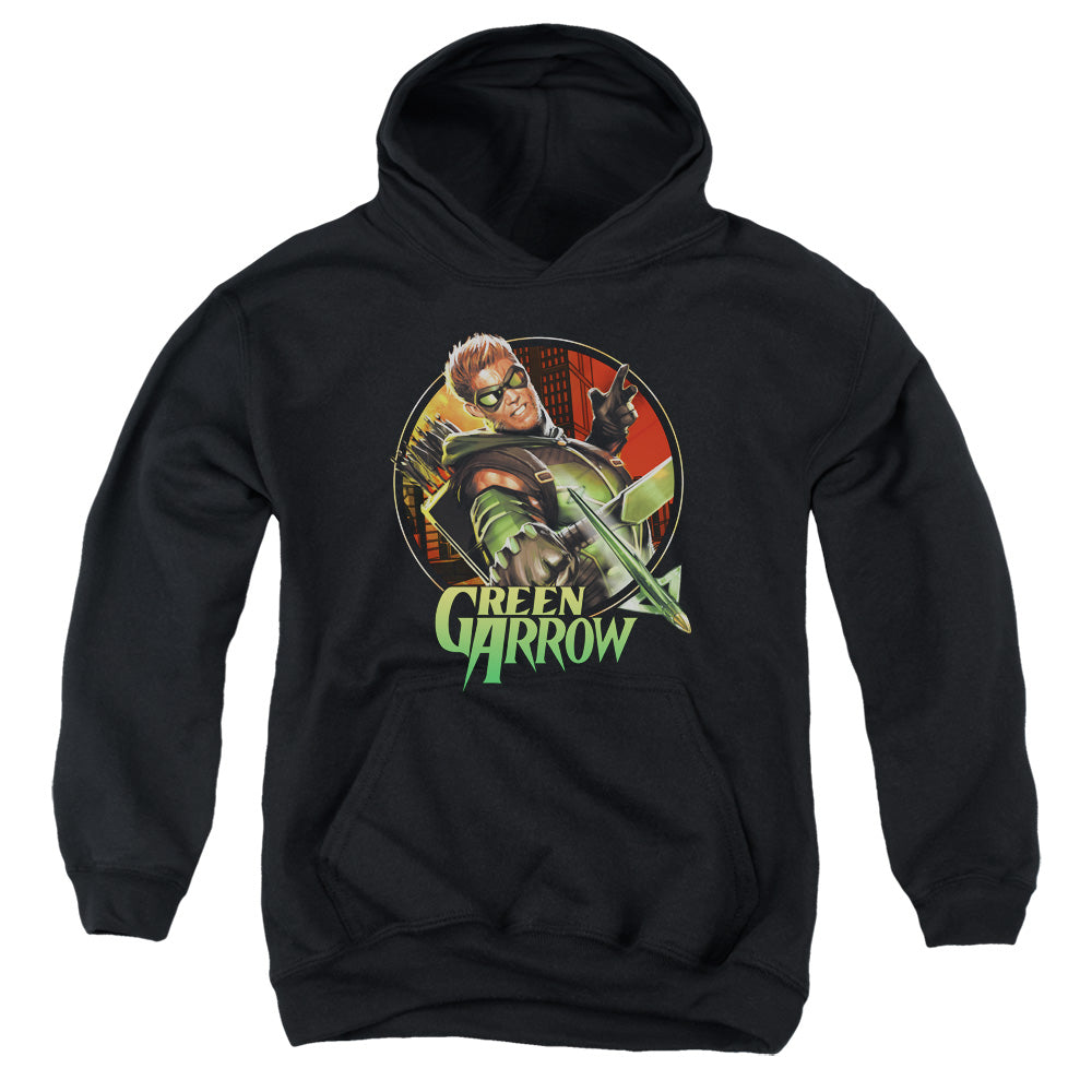 AN OFFCIALLY LICENSED JLA SUNSET ARCHER YOUTH HOODIE BLACK
