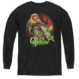 AN OFFCIALLY LICENSED JLA SUNSET ARCHER YOUTH LONG SLEEVE T-SHIRT BLACK