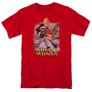 AN OFFCIALLY LICENSED JLA WONDER WOMAN MEN'S REGULAR FIT T-SHIRT RED