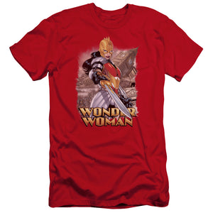 AN OFFCIALLY LICENSED JLA WONDER WOMAN MEN'S PREMIUM SLIM FIT T-SHIRT RED