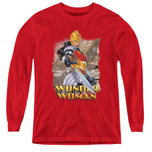 AN OFFCIALLY LICENSED JLA WONDER WOMAN YOUTH LONG SLEEVE T-SHIRT RED