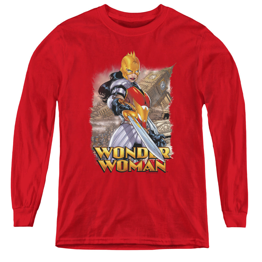 AN OFFCIALLY LICENSED JLA WONDER WOMAN YOUTH LONG SLEEVE T-SHIRT RED