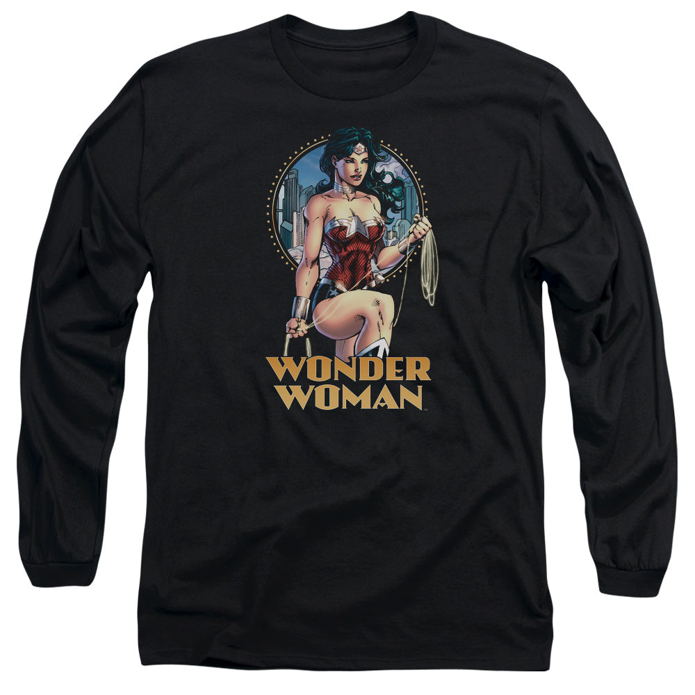 AN OFFCIALLY LICENSED JLA CITY WARRIOR MEN'S LONG SLEEVE T-SHIRT BLACK